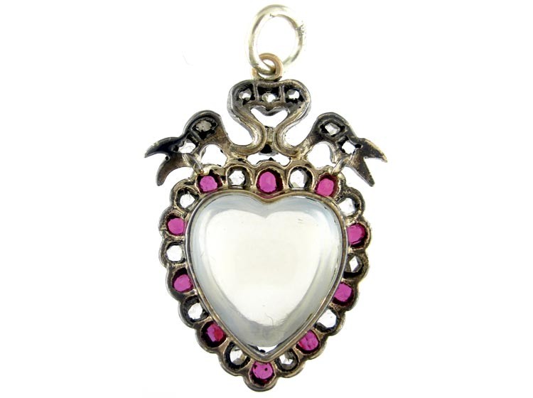 Edwardian Moonstone Ruby & Rose Diamond Heart Pendant