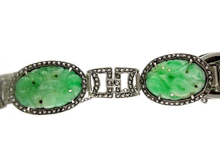 Art Deco Jade, Silver & Marcasite Bracelet