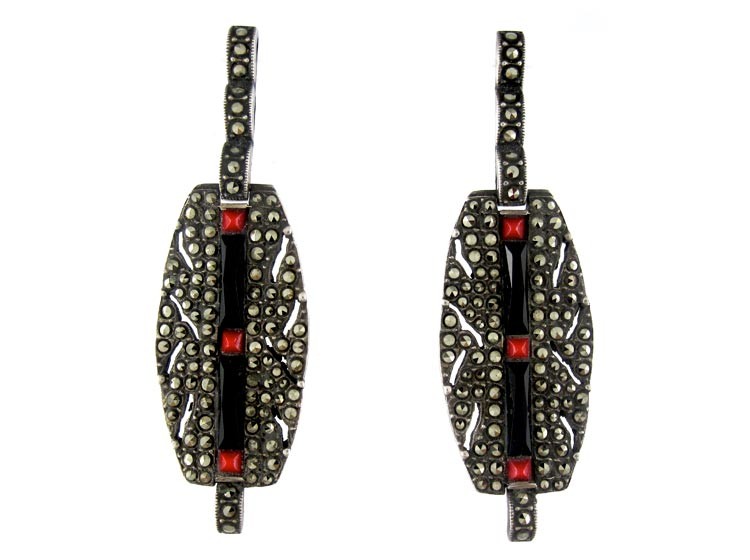 Art Deco Marcasite Silver Onyx & Coral Earrings