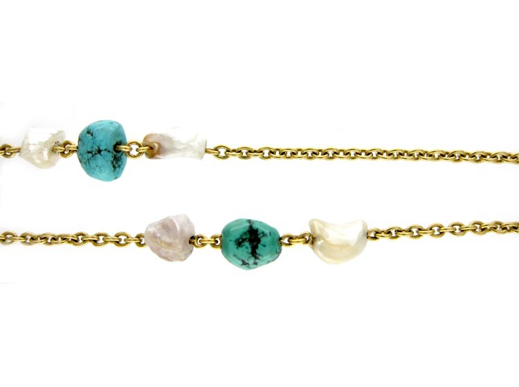 Turquoise & Baroque Pearl 18ct Gold Chain
