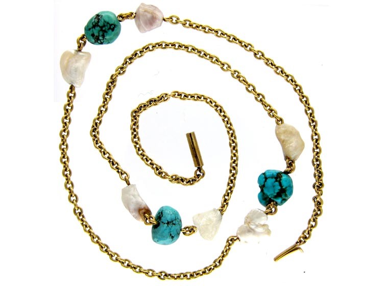 Turquoise & Baroque Pearl 18ct Gold Chain