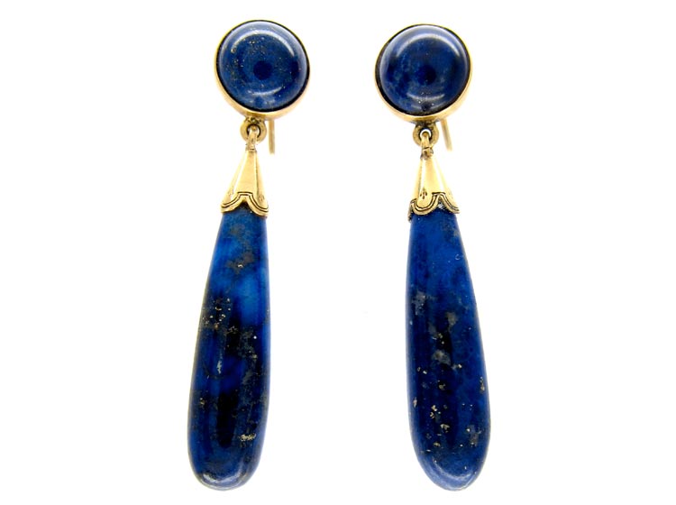 French 18ct Gold Lapis Drop Earrings (572B) | The Antique Jewellery Company