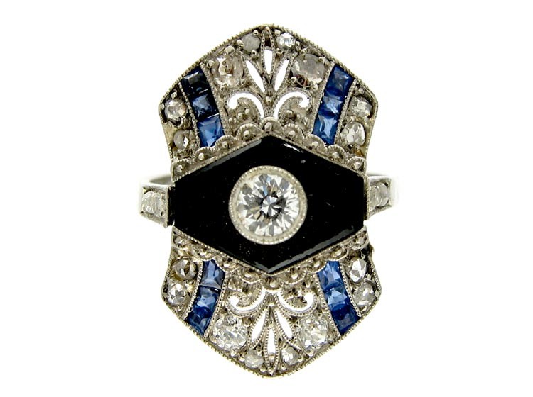 Art Deco Onyx, Sapphire & Diamond Ring