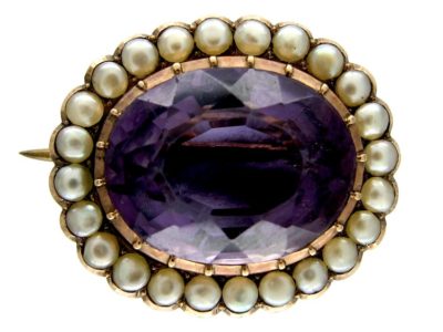15ct Gold Regency Amethyst & Natural Split Pearls Oval Brooch