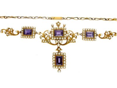 Amethyst & Natural Split Pearl 15ct Gold Necklace