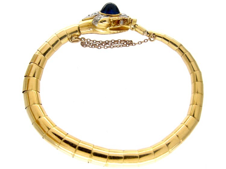 Retro 18ct Gold & Platinum Snake Bracelet set with a Synthetic Sapphire & Diamonds