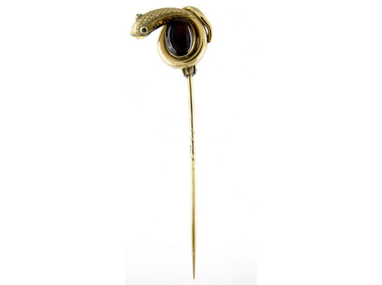 Victorian Cabochon Garnet 15ct Gold Snake Tie Pin