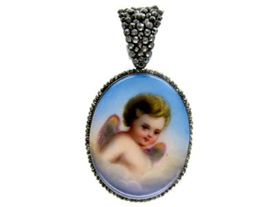 Georgian Cut Steel & Porcelain Pendant of a Cherub in Clouds