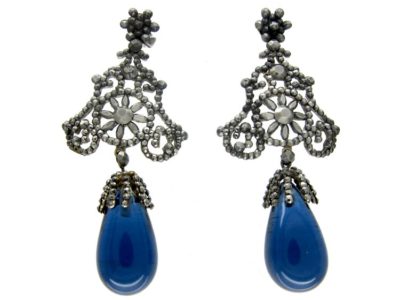 Georgian Cut Steel & Bristol Blue Glass Earrings