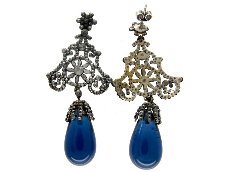 Georgian Cut Steel & Bristol Blue Glass Earrings