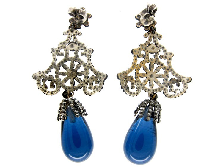 Georgian Cut Steel & Bristol Blue Glass Earrings