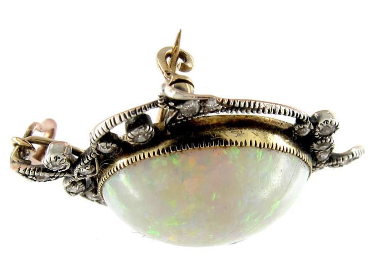 Edwardian Silver & 15ct Gold, Opal & Diamond Pendant Brooch