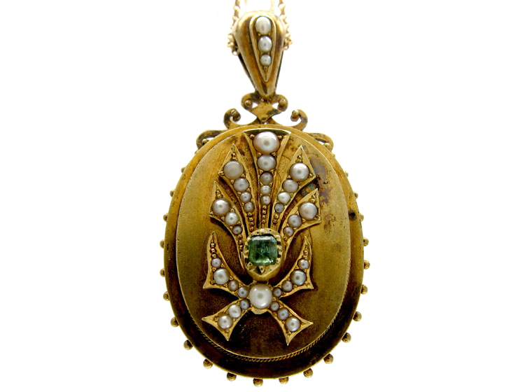 Victorian Emerald & Pearl Gold Locket Pendant