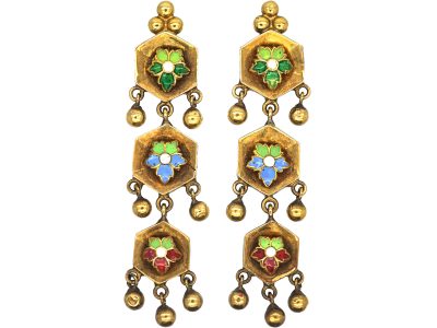 Early 19th Century Swiss Enamel Triple Gold Drop Earrings