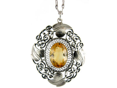 Art Nouveau Silver & Citrine Pendant on Silver Chain by Theodor Fahrner