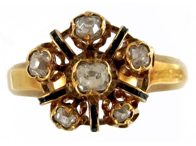 French Rose Diamond & Black Enamel Cluster Ring