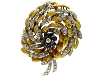 Swirly 1950s Sapphire & Diamond 18ct Gold Brooch