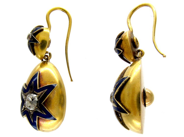 Victorian Diamond & Blue Enamel Earrings