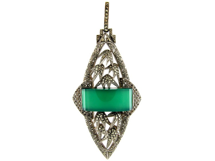 Green Chalcedony & Marcasite Art Deco Silver Pendant