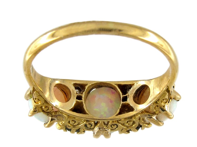 Three Stone Opal & Diamond Victorian Ring