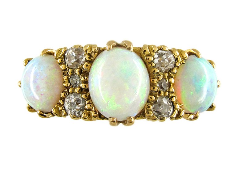 Three Stone Opal & Diamond Victorian Ring