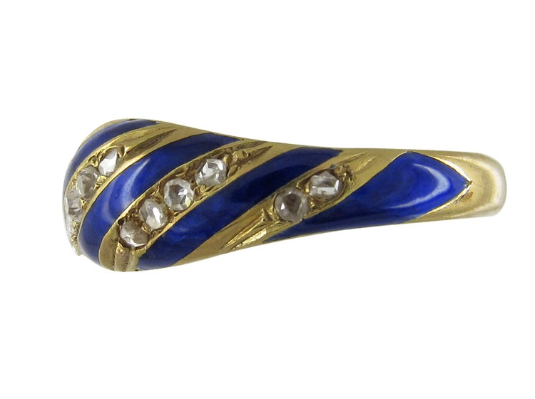 Royal Blue Enamel & Rose Diamond 18ct Gold Early Victorian Ring