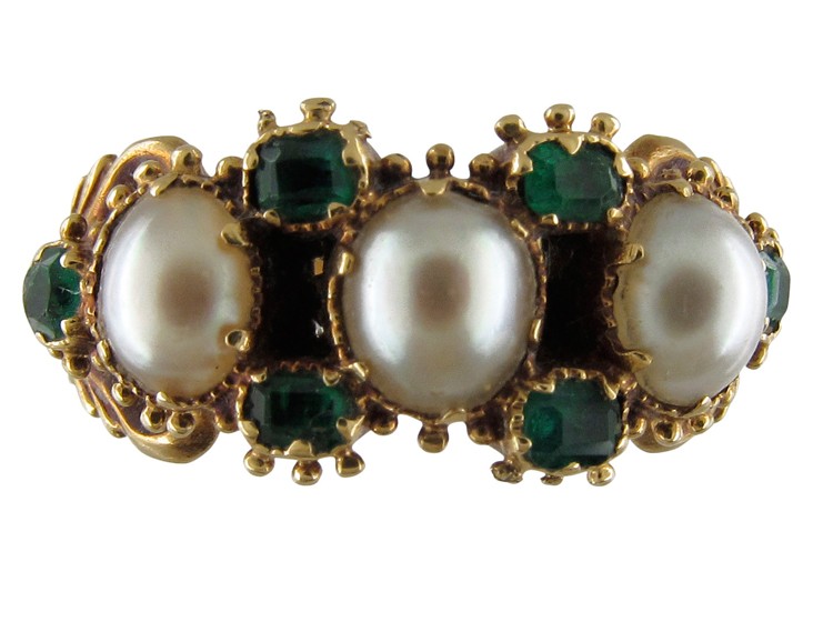 Regency Three Natural Pearl & Emerald Ring