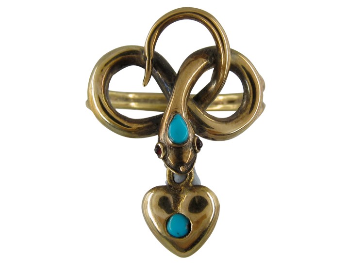 Victorian Gold Turquoise Snake Ring with Ruby Eyes