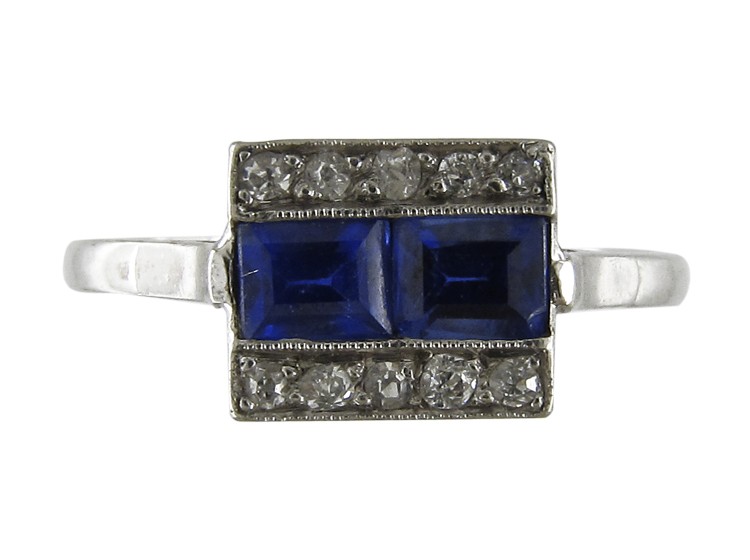 Burma Sapphires & Diamonds Square Deco Platinum Ring