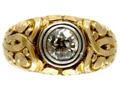 Single Stone Diamond Engraved Gold Victorian Ring