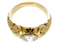 Single Stone Diamond Engraved Gold Victorian Ring