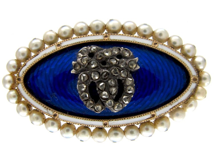 Edwardian 15ct Gold, Royal Blue Enamel, Rose Diamond & Natural Pearls Double Heart Brooch