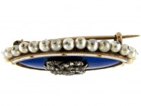 Edwardian 15ct Gold, Royal Blue Enamel, Rose Diamond & Natural Pearls Double Heart Brooch