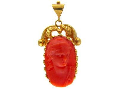 Georgian 15ct Gold & Carved Coral Neo Classical Pendant of a Lady's Head