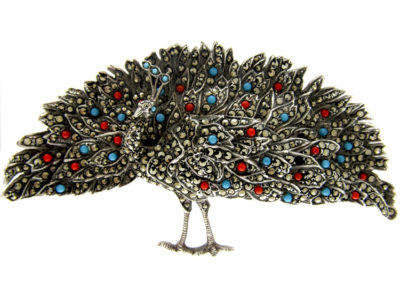 Large Marcasite & Paste Peacock Brooch