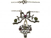 French Belle Epoque Paste & Marcasite Silver Basket & Bow Pendant on Silver Chain