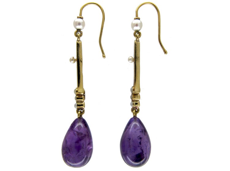 Amethyst & Natural Pearl 15ct Gold Drop Earrings