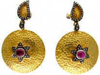Cabochon Ruby & Diamond Drop Gold Earrings