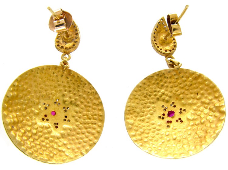 Cabochon Ruby & Diamond Drop Gold Earrings