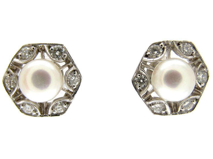 Pearl & Diamond Hexagonal Earrings