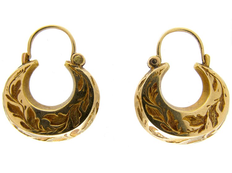 Engraved Boat Shaped Gold Victorian Earrings