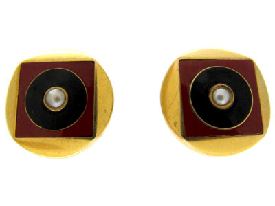 Carnelian Gold & Onyx Earrings with Pearl Centre