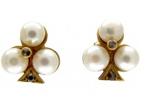 Club Shaped Three Pearl Diamond Earrings