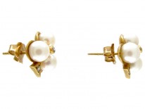 Club Shaped Three Pearl Diamond Earrings