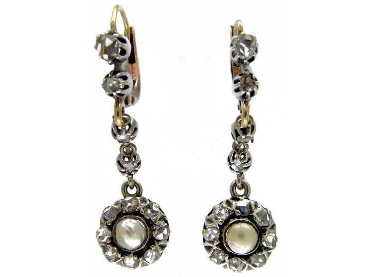 Long Rose Diamond & Natural Pearl Drop Earrings