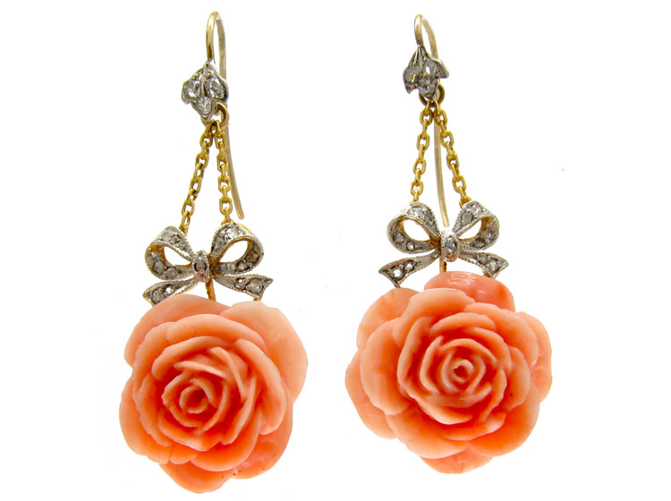 Coral & Diamond Flower Earrings (J587K) | The Antique Jewellery Company