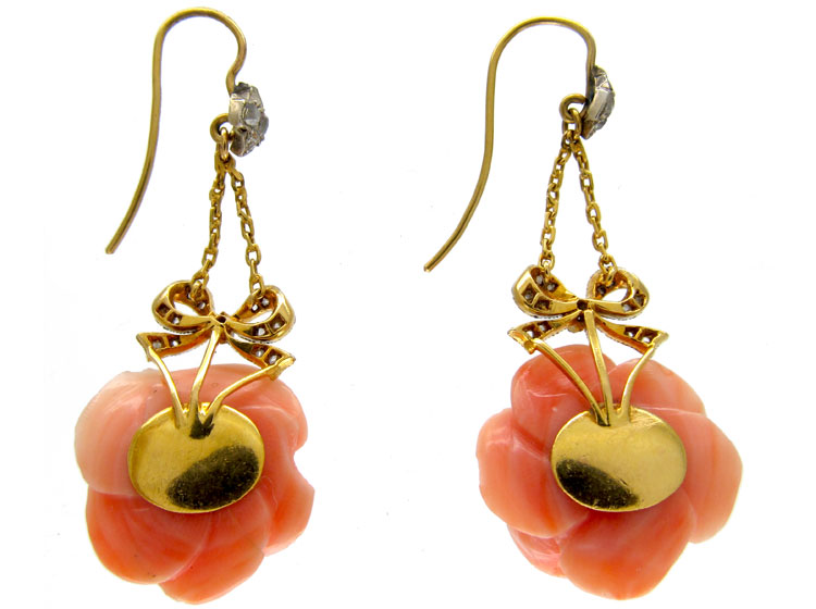 Coral & Diamond Flower Earrings (J587K) | The Antique Jewellery Company