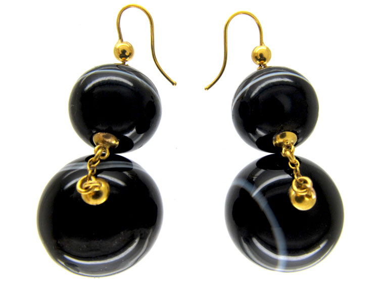 Victorian Onyx Ball Drop Earrings (O8) | The Antique Jewellery Company