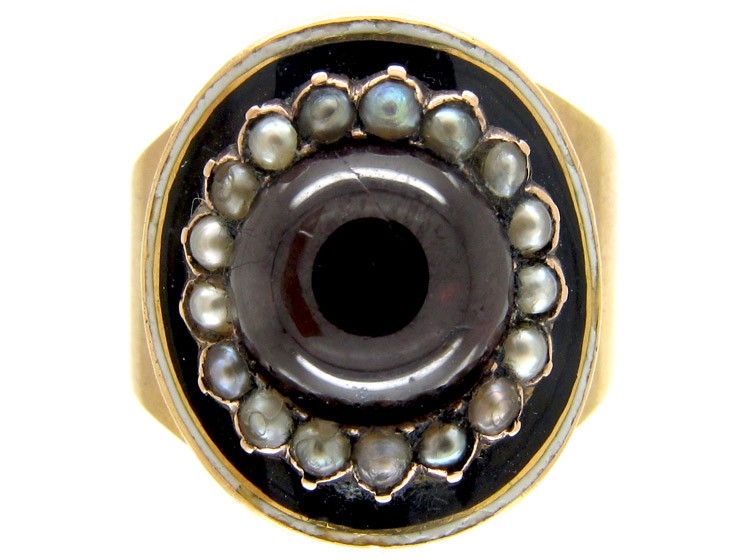 Cabochon Garnet & Natural Pearl Georgian Mourning Ring