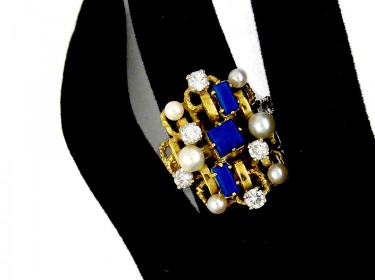 Lapis Lazuli, Pearl & Diamond 1960s Ring